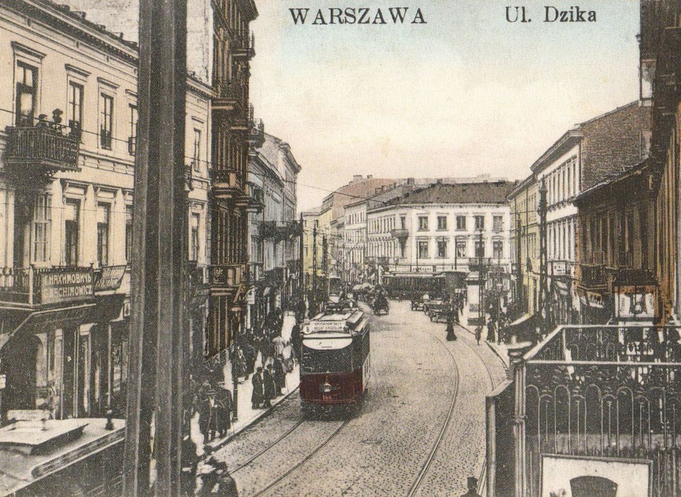 Pocztówka z około 1910 roku: ulica Dzika z tramwajem, dziś ulica Zamenhofa
